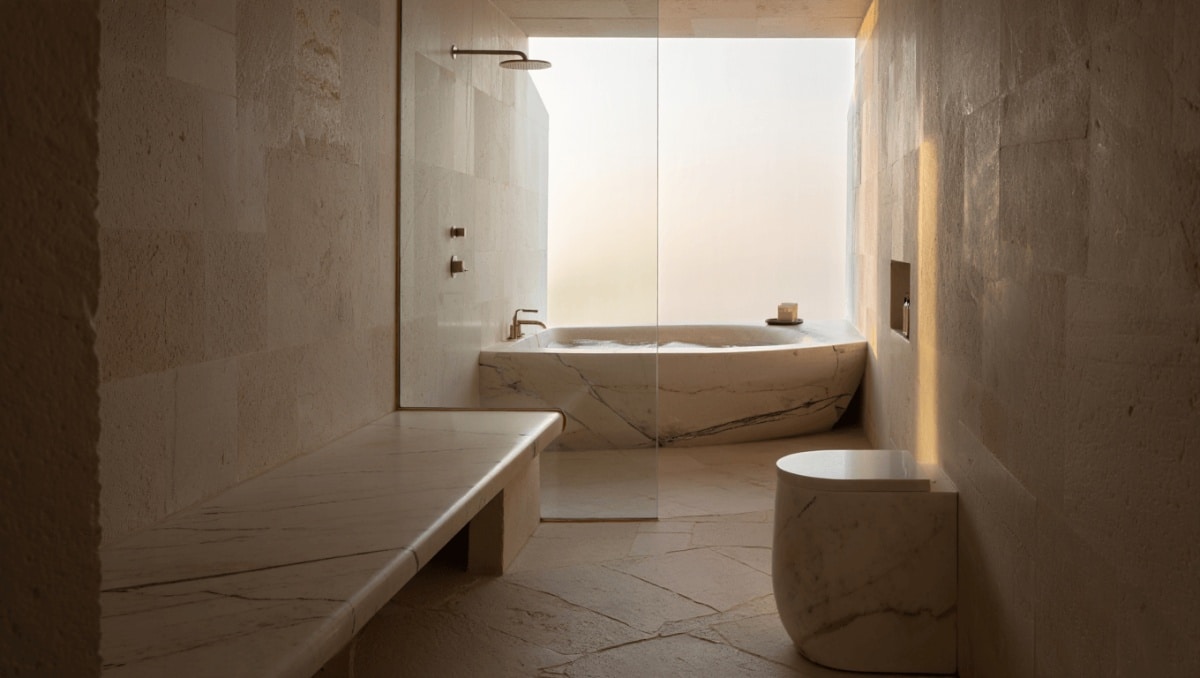 Formes organiques, bancs intégrés, surfaces
texturées : voici à quoi va vraiment ressembler la salle de bain en
2026