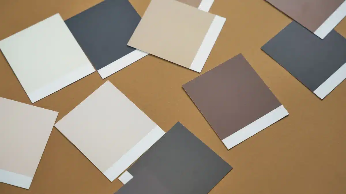 Palette de couleurs avec tons terracotta, sable et vert sauge sur des surfaces vari&eacute;es