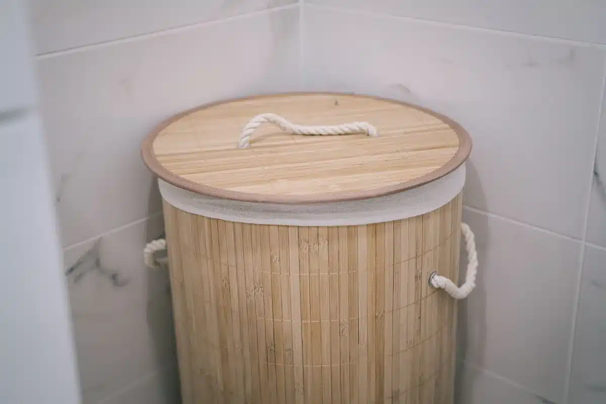 Absorbeur d'humidit&eacute; positionn&eacute; pr&egrave;s d'un &eacute;tendoir &agrave; linge et d'une salle de bains