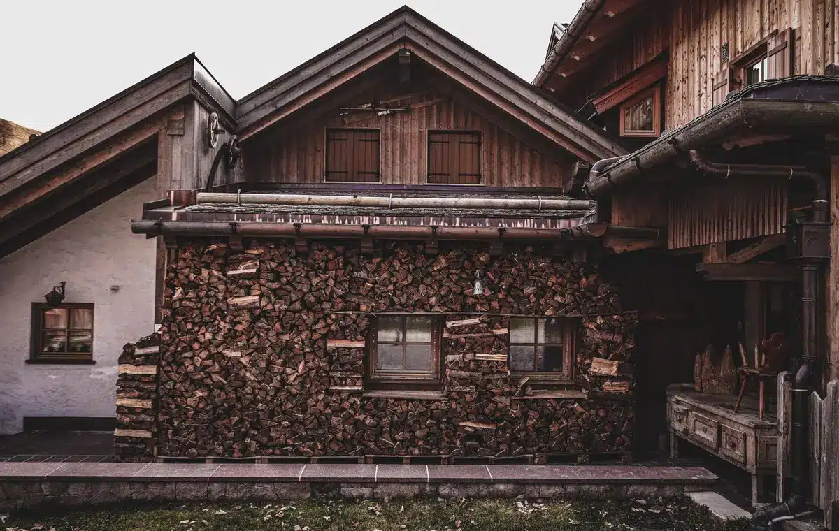Construction montagnarde en bois et pierre traditionnels int&eacute;gr&eacute;e au paysage