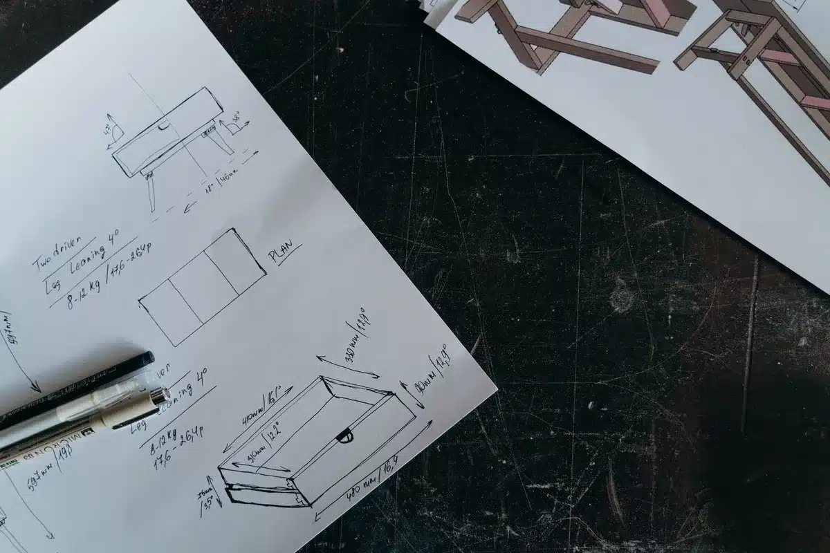 Atelier de designer ann&eacute;es 60 avec croquis et mobilier prototype