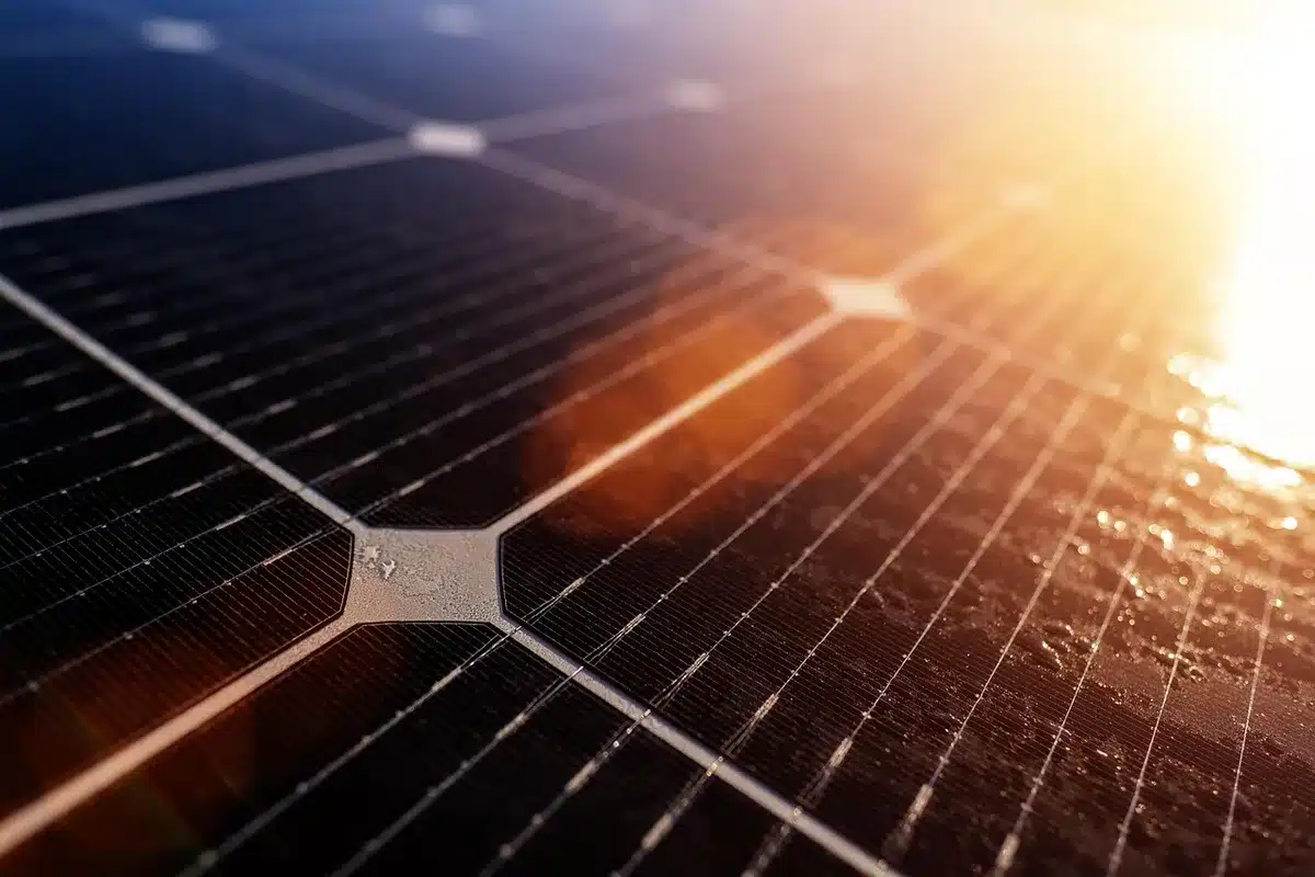 Panneaux solaires et lignes électriques pour illustrer variabilité de production