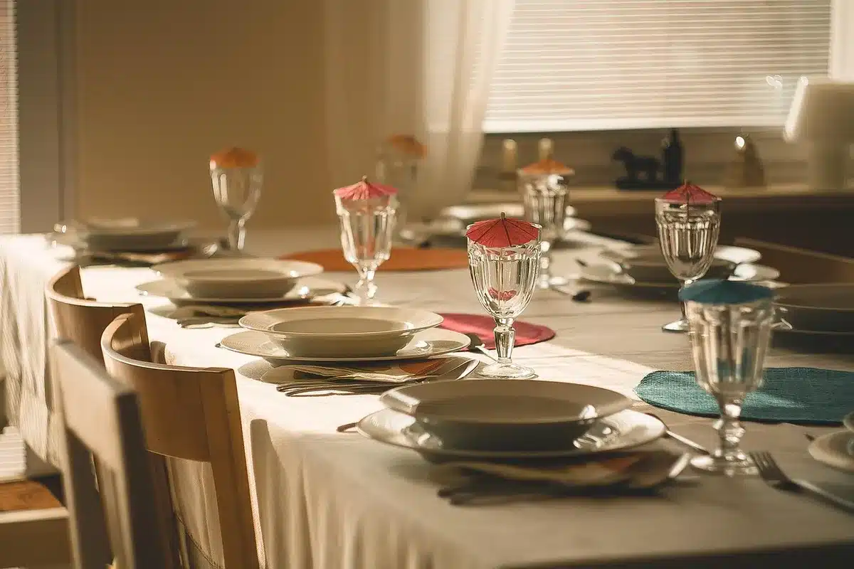 Table dressée en journée avec nappe paisley beige, assiettes neutres et accessoires en bois