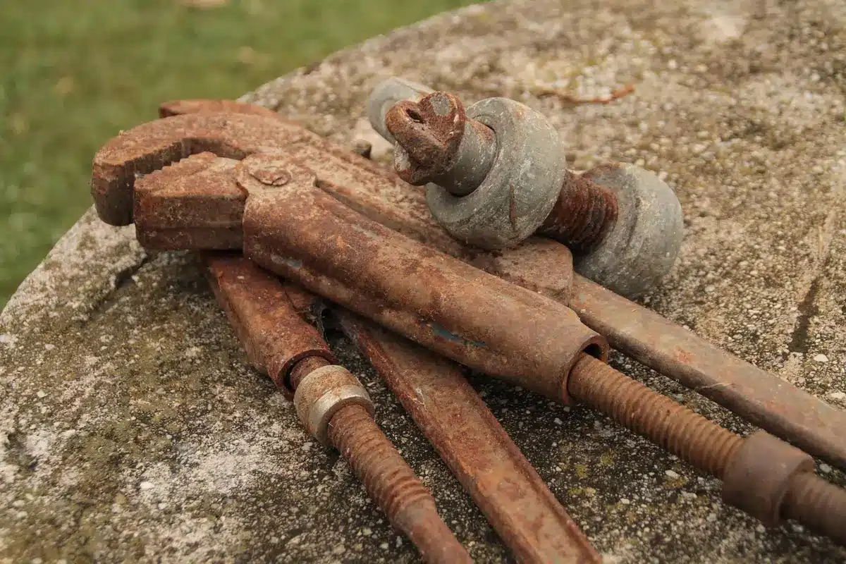 Outils de jardin en métal avec traces de rouille posés sur une table de jardin
